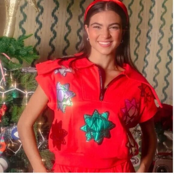 NWT Queen of Sparkles Red Metallic Bow Collar Top - Size S - Picture 1 of 1